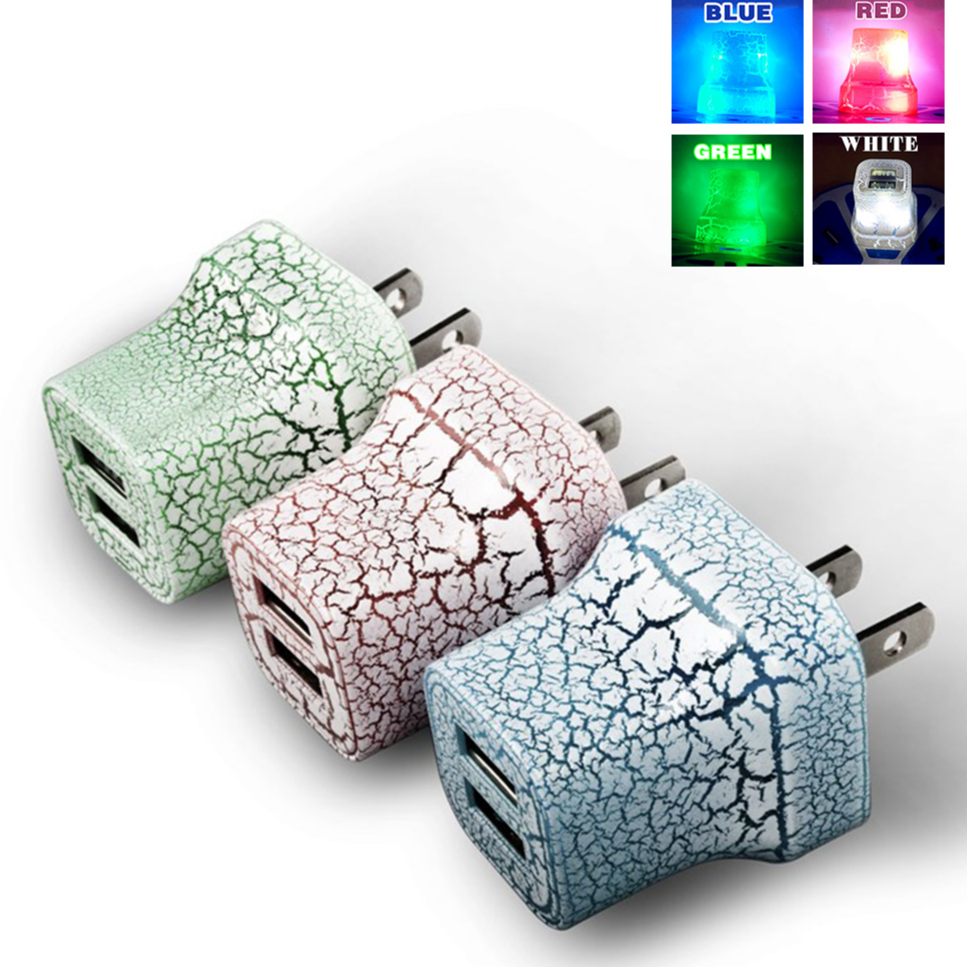 Crackle design colorful white red blue green 2.1A LED luminous travel home dual 2-port USB wall-mounted phone charger
