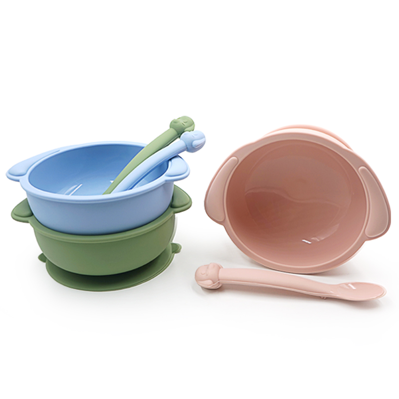 Custom Cartoon Dog Shape Baby Silicone Tableware Strong Suction Bowl and Spoon Set