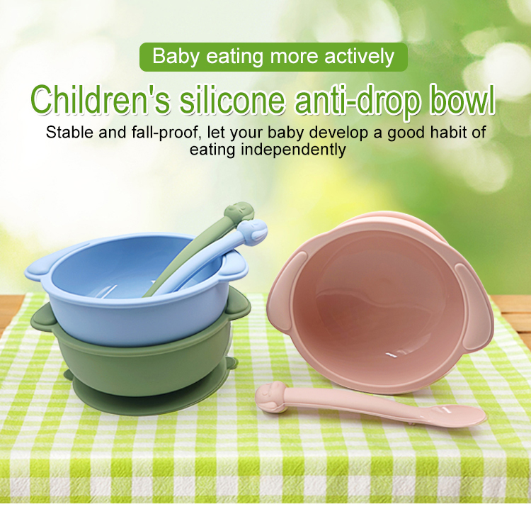 Custom Cartoon Dog Shape Baby Silicone Tableware Strong Suction Bowl and Spoon Set