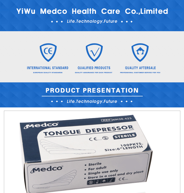 CE ISO certified grade A high quality disposable medical consumables sterile packaging Tongue depressor