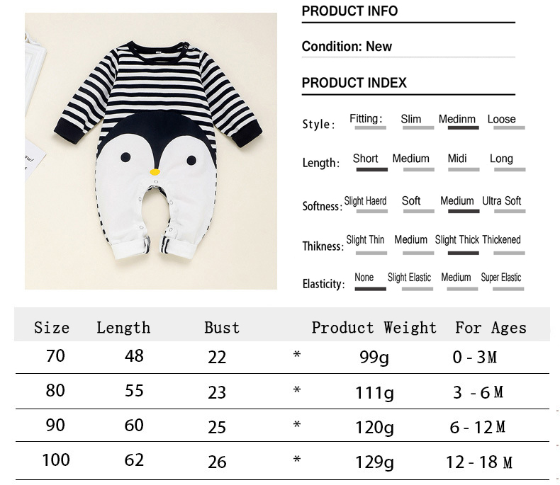 Factory stock Penguin print 0-18M newborn jumpsuit 100% cotton long sleeve jumpsuit