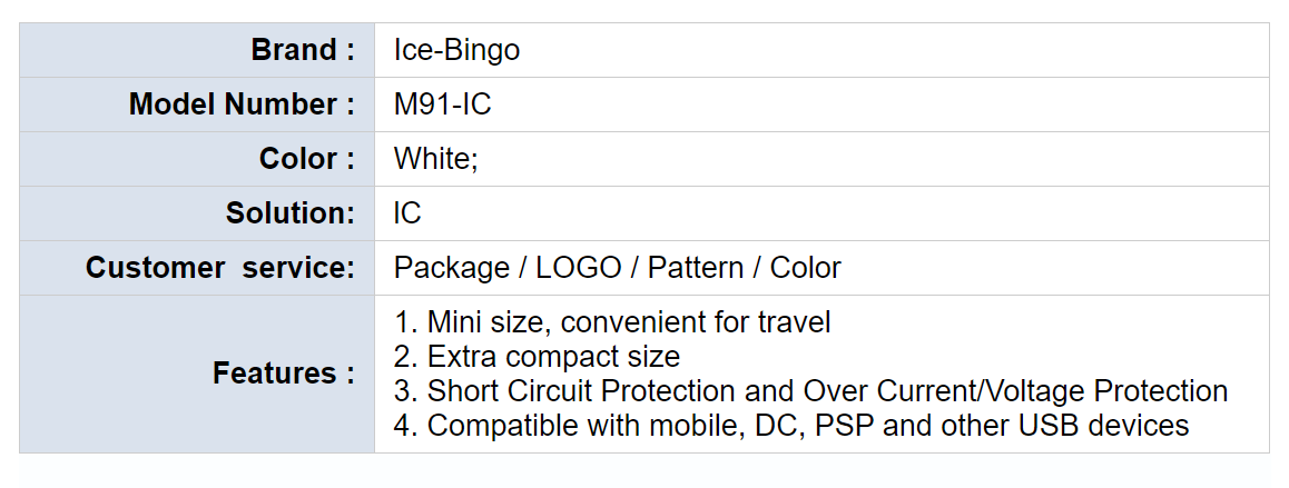 ICE-Bingo Mini 5V 1A Universal Battery Adapter US Plug Single USB Port Travel Wall Charger