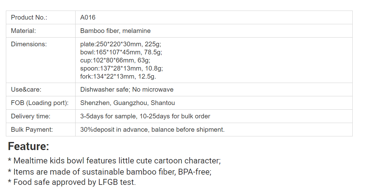Does not contain BPA bamboo fibre suit baby tableware
