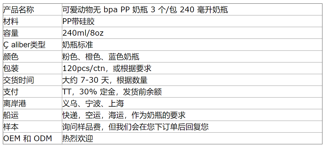 可爱动物3 个/包 240 毫升婴儿奶瓶