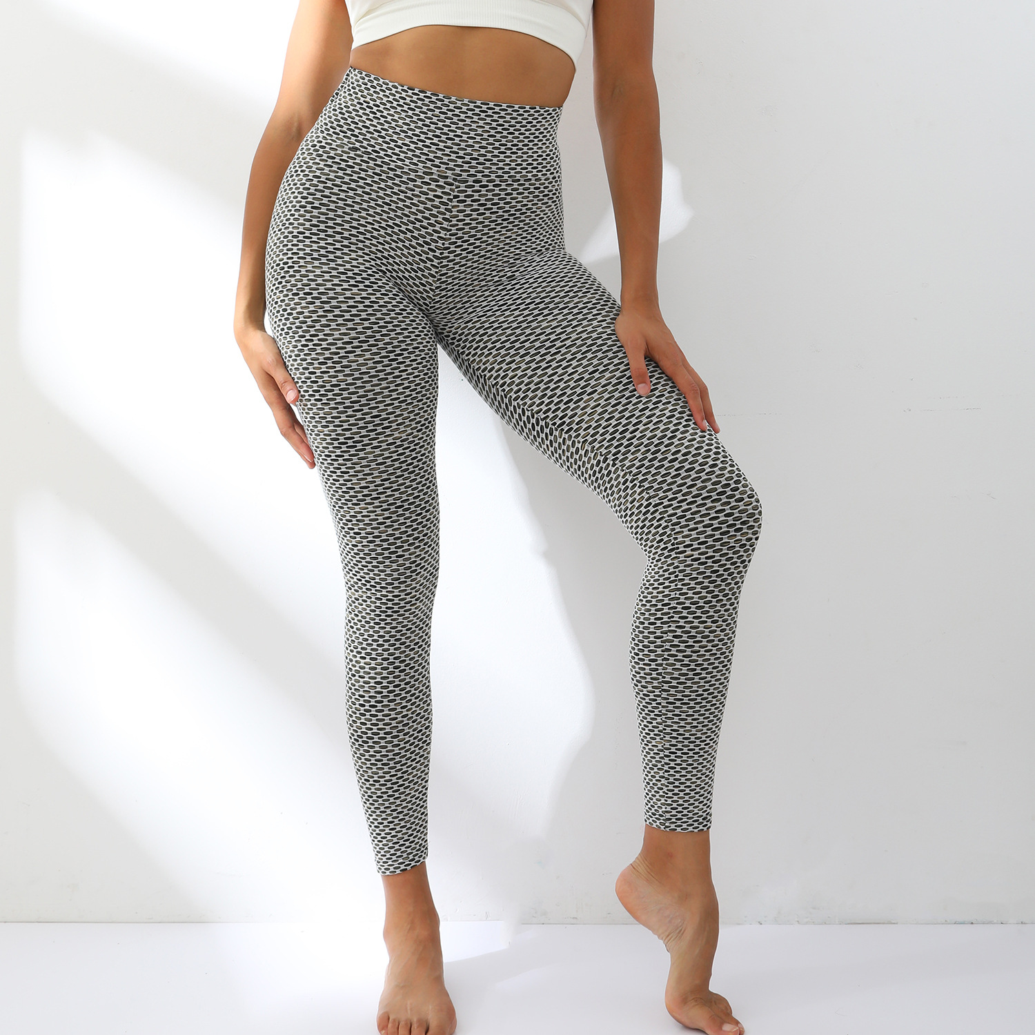 Color honeycomb high waist peach hip tight sports pants bottom jacquard yoga pants for women