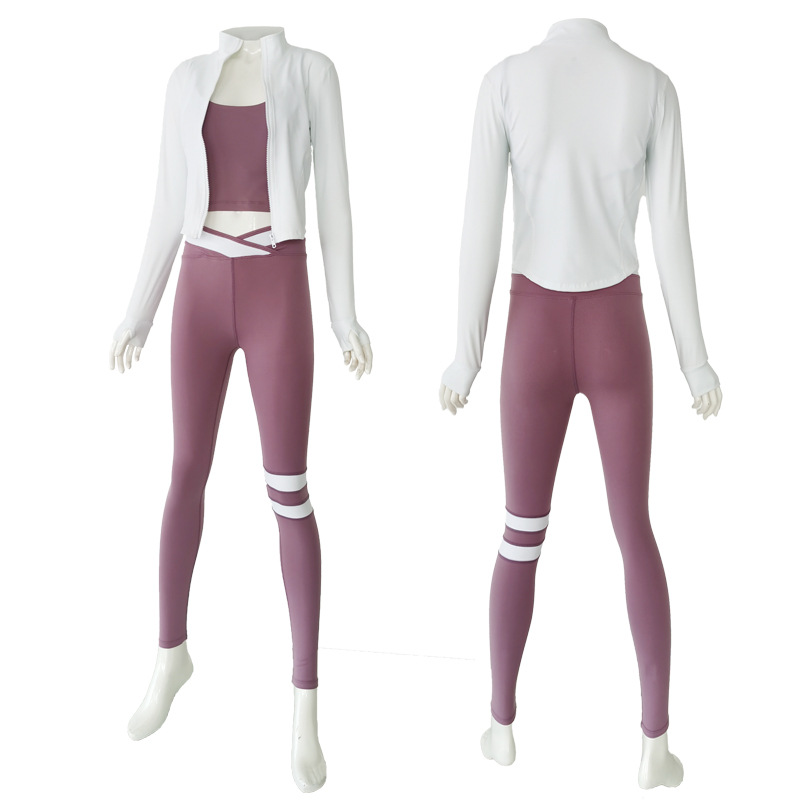 Yoga factory suit custom cardigan stand collar zipper coat suspender vest double layer high waist pants fitness women