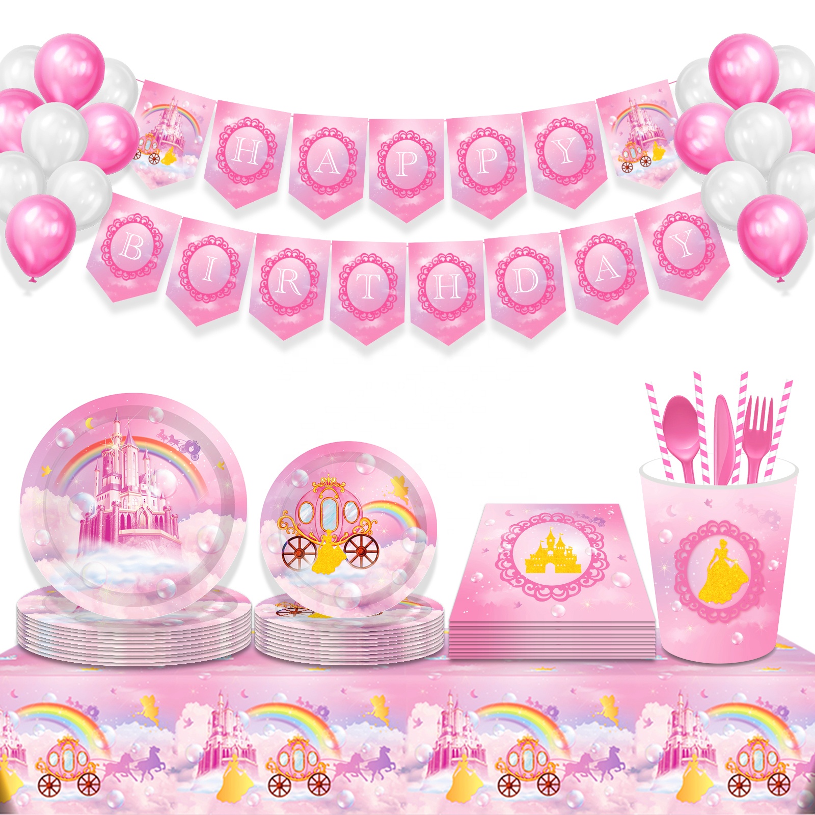 Huancai princess castle party supplies paper plates cups napkins disposable tableware set for party decorations