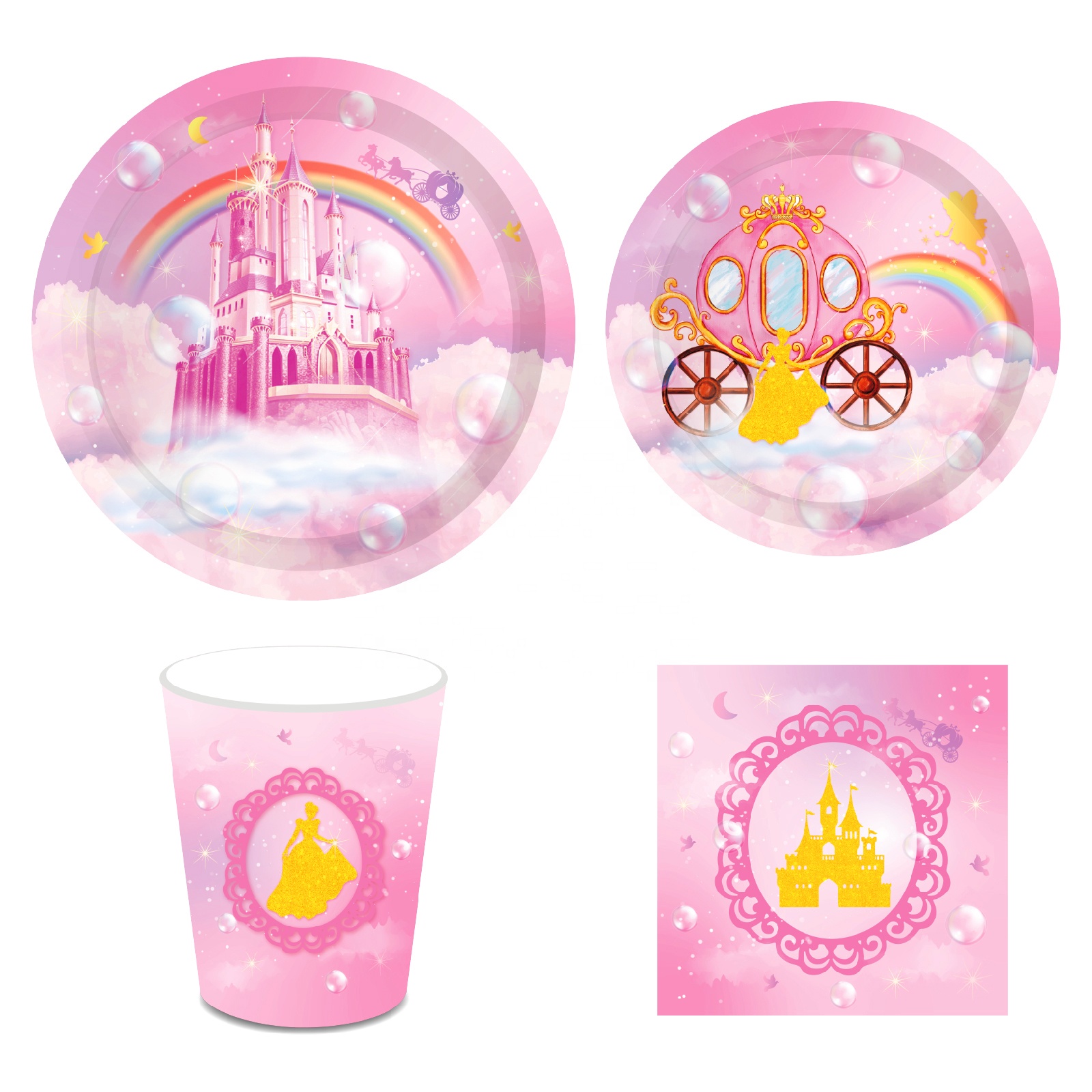 Huancai princess castle party supplies paper plates cups napkins disposable tableware set for party decorations